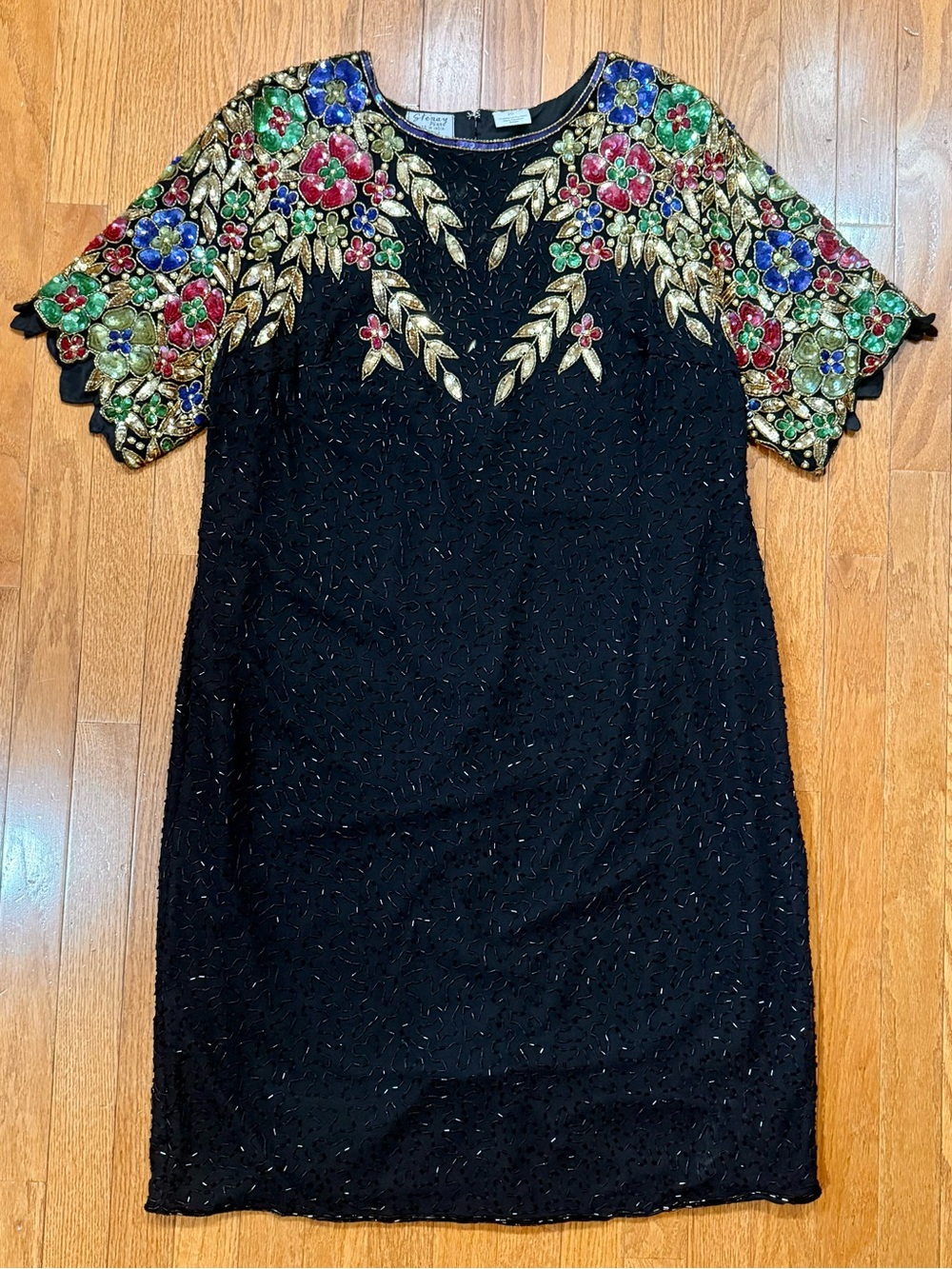 Vintage Stenay Plus Womens 20 Silk Beaded Sequin Dress Floral Shift Gatsby 80s
